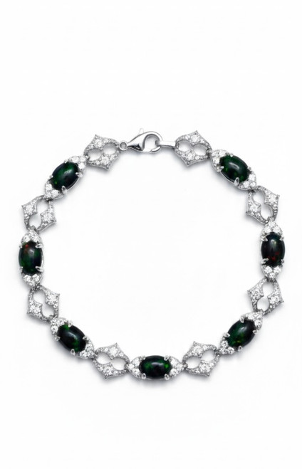 925Chic Sterling Silver Natural Black Opal Cabochon Bracelet With white Chrome