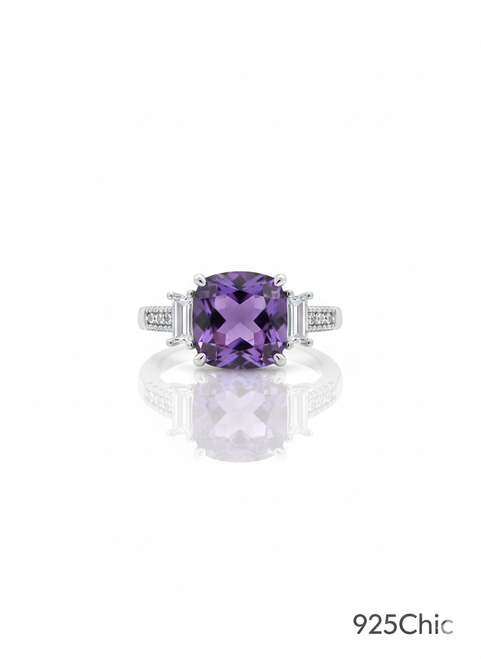 925 sterling silver large amethyst and white topaz ring rhodium finish face of the ring
