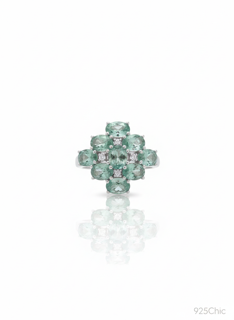 925 Sterling Silver Genuine Natural Green Quartz Ring Size 6 with Rhodium face showing