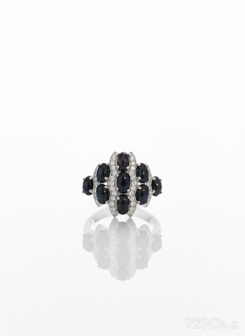 925Chic Sterling Silver Genuine Natural Black Opal Cabochon Ring with Rhodium