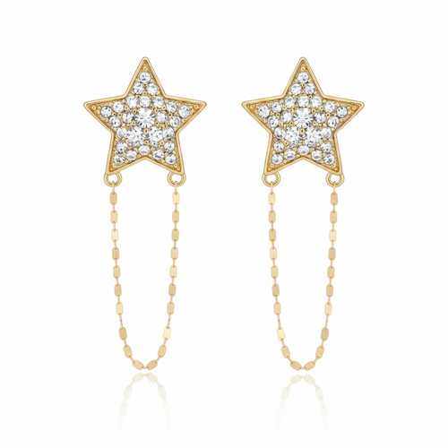 925 sterling silver CZ star stud earrings with hanging chain
