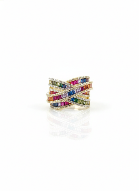 925Chic Sterling Silver Gold-Tone Multicolor Rainbow CZ  Modern Ring  showed the face of the ring