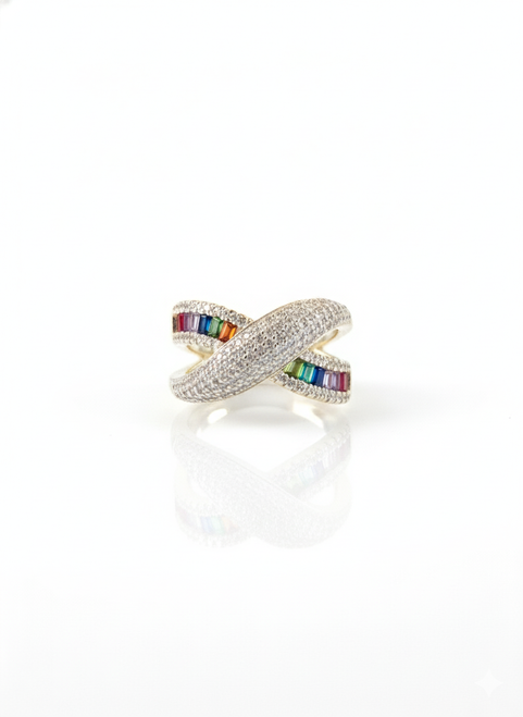 925 Sterling Silver Gold-plated  Multicolor Rainbow CZ Ring Face showing For Women