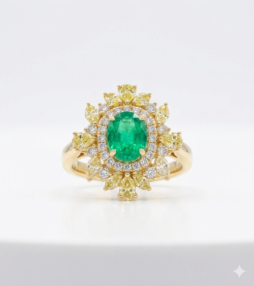 18K Yellow Gold Natural Colombian Emerald and Diamond elegant Ring  mothers day worn hands