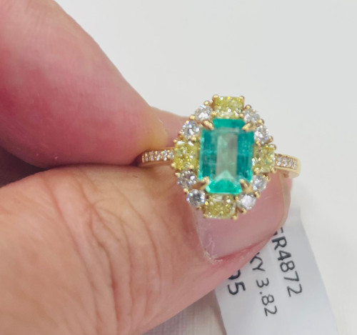 18K Yellow Gold Natural Colombian Emerald and Diamond elegant Ring  mothers day worn hands