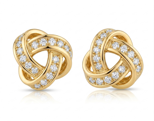 14K yellow gold knot stud CZ earrings front view polished finish