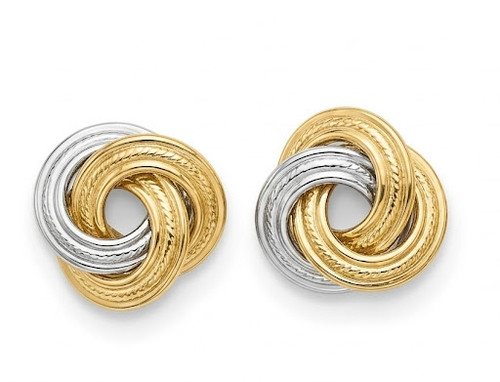 14K yellow and white gold knot stud earrings front view polished finish