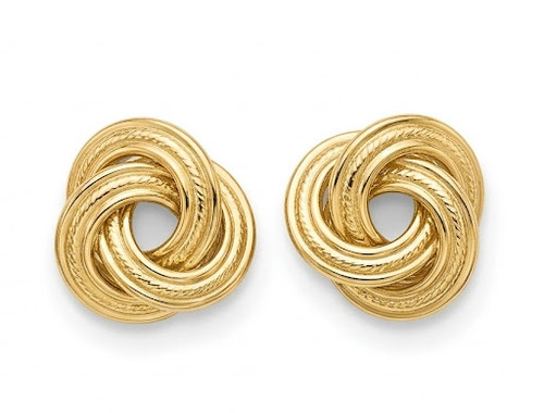 14K yellow and white gold knot stud earrings front view polished finish