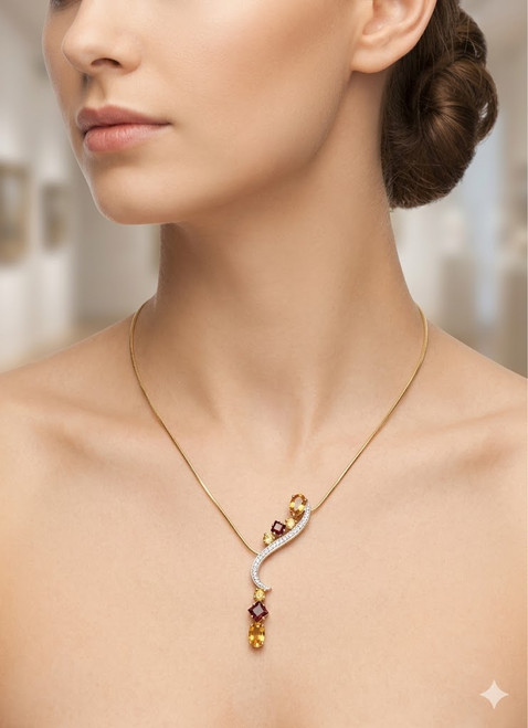 14K yellow gold cirtine ,garnet and diamond drop necklace front view model