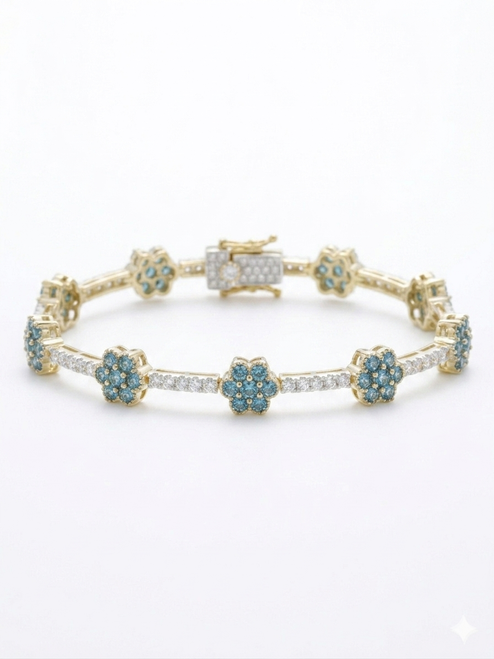 14k gold blue diamond floral bracelet close up