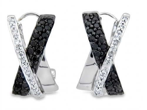 Pair of 14K white gold criss-cross huggie hoop earrings featuring pavé-set black and white Diamonds on a pure white background.