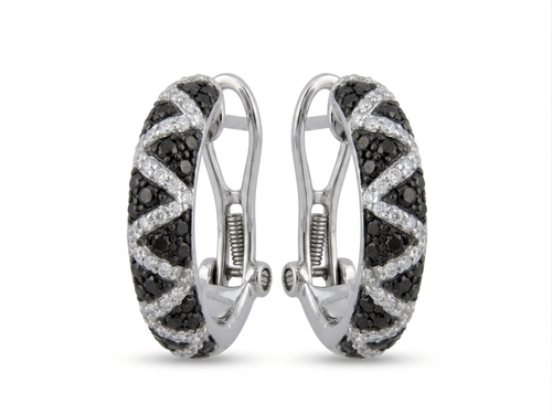 A macro shot of the open earring highlighting the high-quality 14K white gold Black diamond with white diamonds secure spring-loaded hinge mechanism.