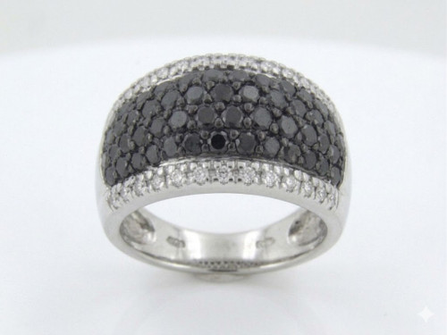 Front-facing view of a wide 14K white gold pavé ring featuring a center section of black diamonds bordered by white diamonds on a clean white background.
