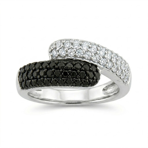 Front-facing product shot of a 14K white gold bypass ring with black and white diamond pavé on a pure white background.