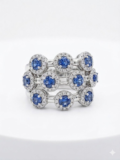 EFFY 14k white gold Ceylon sapphire statement ring with diamond halos on a pure white background.
