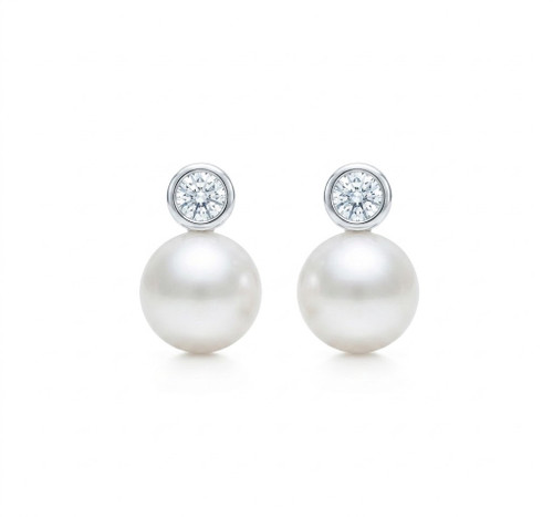 EFFY 14k white gold freshwater pearl earrings with bezel-set diamonds on a pure white background.
