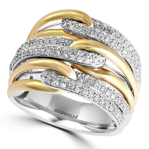 Close-up view of a wide statement ring featuring an intricate crossover design with thick, polished yellow gold bands interwoven with multiple rows of sparkling white diamond pavé bands.