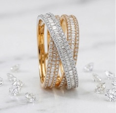 EFFY 14k rose and white gold interlocking multi row crossover diamond ring with baguettes.