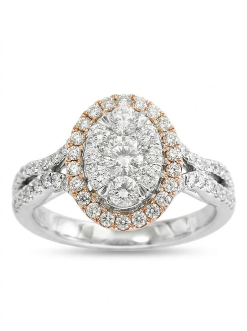Front view of EFFY 14K two-tone gold oval diamond cluster ring with rose gold halo and split shank