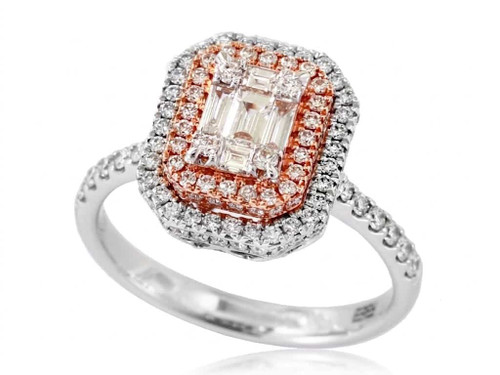 Front view of EFFY 14K two-tone gold emerald-cut diamond engagement ring with rose gold halo