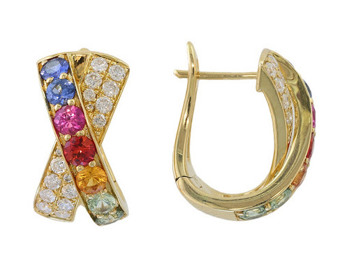 EFFY 14K Yellow Gold Multi-Color Sapphire and Diamond X-Hoop Earrings Isolated on White Background