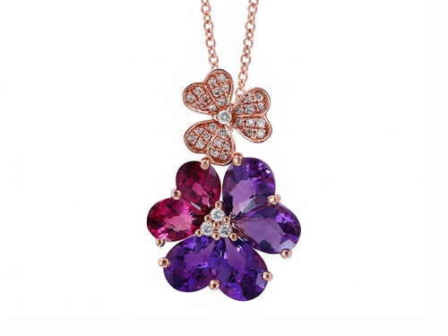 EFFY 14K Rose Gold Amethyst, Rhodolite and Diamond Floral Pendant Necklace Isolated on Pure White Background