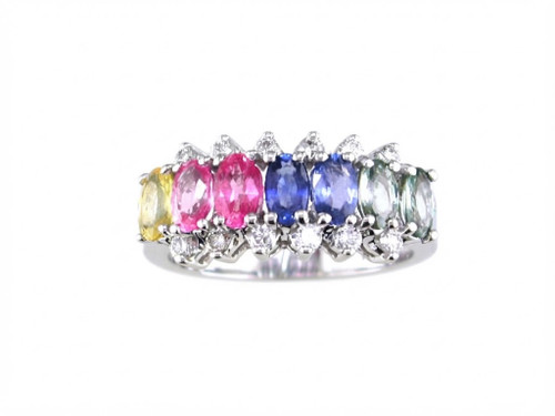 EFFY 14K White Gold Multi-Color Sapphire and Diamond Ring front product view on pure white background