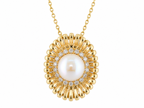 EFFY 14K yellow gold freshwater pearl and diamond sunburst pendant necklace on white background