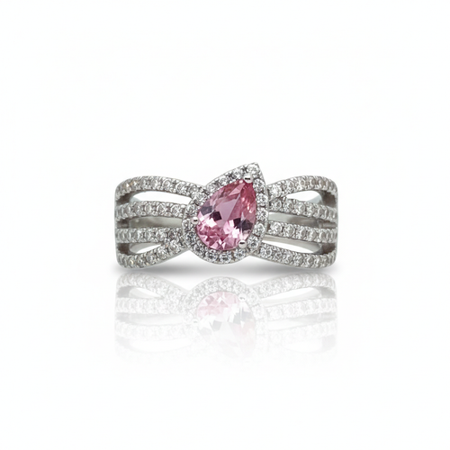 925Chic sterling silver natural pink quartz and white CZ ring rhodium finish gemstone jewelry