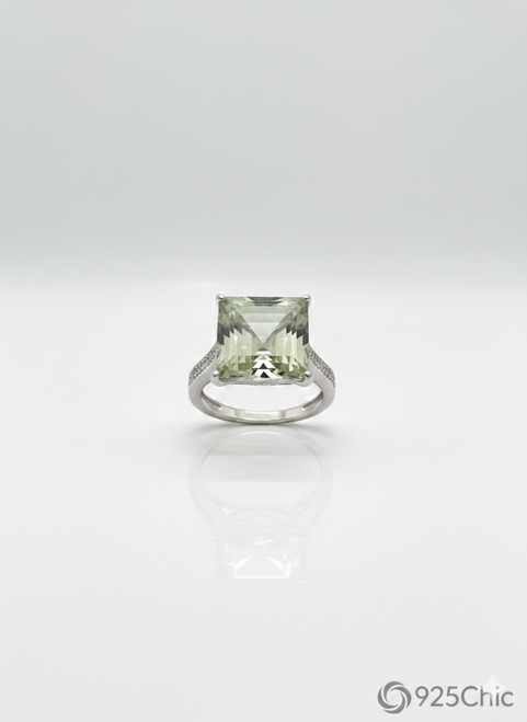 925Chic sterling silver natural green quartz ring rhodium finish gemstone jewelry