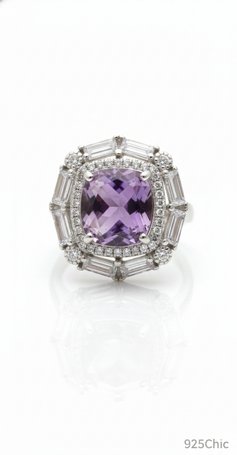 Close up of large natural amethyst center stone with white topaz accents Atelier Gems