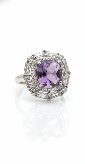 Atelier Gems sterling silver natural amethyst and white topaz ring rhodium finish gemstone jewelry