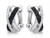 Close-up of a model wearing black and white  Diamonds criss-cross 14K white gold earrings with hair styled up to show jewelry detail.