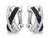 Close-up of a model wearing black and white  Diamonds criss-cross 14K white gold earrings with hair styled up to show jewelry detail.