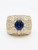 18K yellow gold dome ring with 1ct oval Ceylon sapphire and round diamond halo.