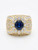 18K yellow gold dome ring with 1ct oval Ceylon sapphire and round diamond halo.