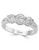 The three-diamond ring placed upright against a pure white (#FFFFFF) glossy background, showcasing the central diamond trio and the delicate pavé diamonds down the band with a high-end, crisp reflection and no harsh shadows.