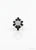 Close up of natural black opal cabochon stone set in sterling silver ring