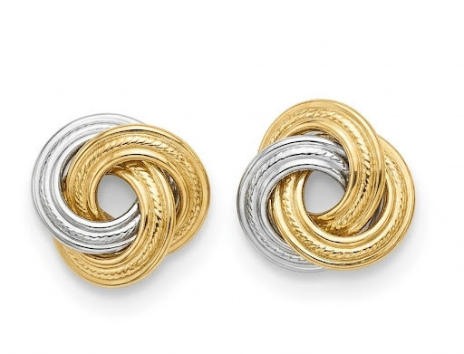 14K yellow and white gold knot stud earrings front view polished finish