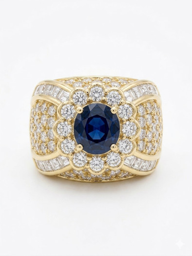 18K yellow gold dome ring with 1ct oval Ceylon sapphire and round diamond halo.