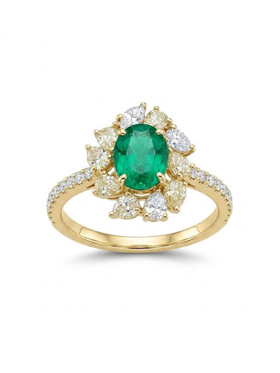 Front view of Colombian emerald ring in 18K yellow gold featuring yellow and white diamond accents on a pure white background.