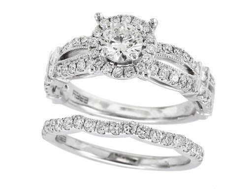 EFFY 1.57 CTW diamond halo split-shank bridal set in 14K white gold with matching contoured wedding band.
