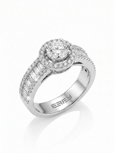EFFY 14K white gold 1.00 ctw diamond round halo ring with baguette and pavé diamond band