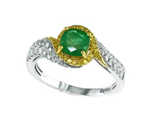 EFFY 14K two-tone gold cushion emerald and diamond bypass ring on a white background