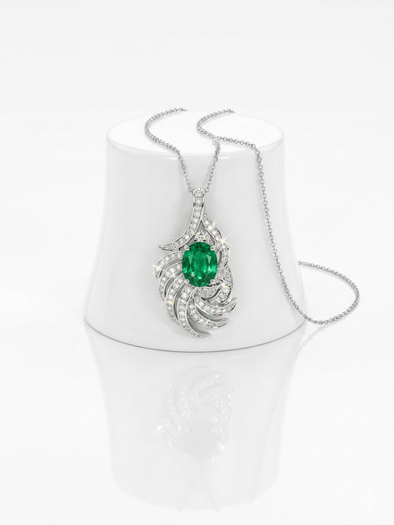 EFFY 14K white gold natural emerald and diamond ribbon spiral pendant necklace on a white background