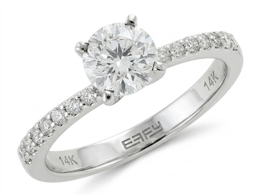Front view of EFFY 14K white gold round diamond solitaire engagement ring with pavé band