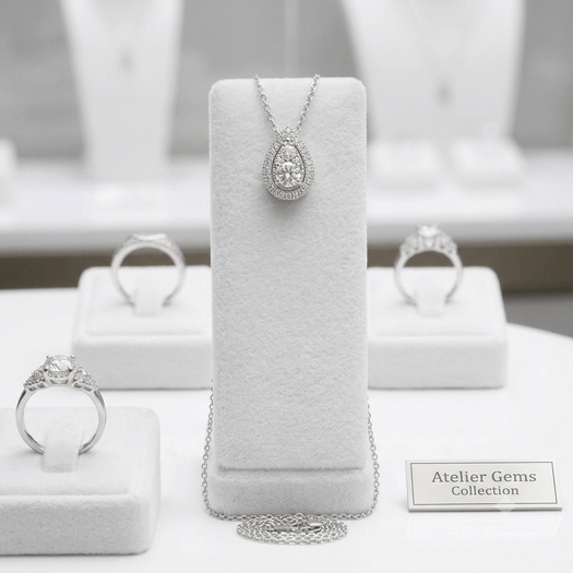 EFFY 14K white gold 0.34 ctw diamond pear-shaped halo pendant necklace displayed on a jewelry stand