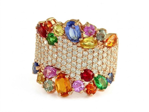 EFFY 14K Rose Gold Multi-Color Sapphire and Diamond Wide Statement Ring on White Background