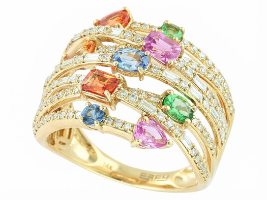 EFFY 14K Yellow Gold Multi-Color Sapphire and Diamond Statement Ring Isolated on White Background