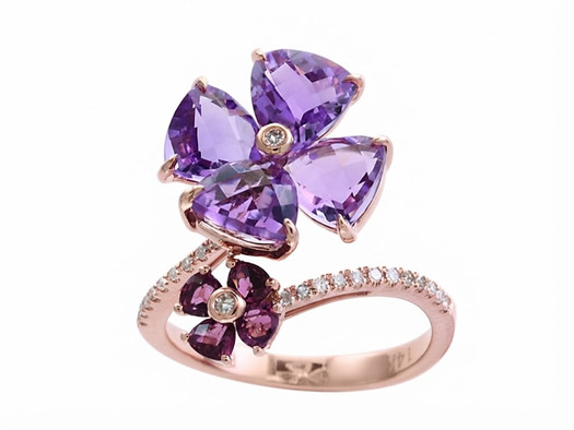 EFFY 14K Rose Gold Amethyst, Rhodolite and Diamond Flower Ring Isolated on White Background